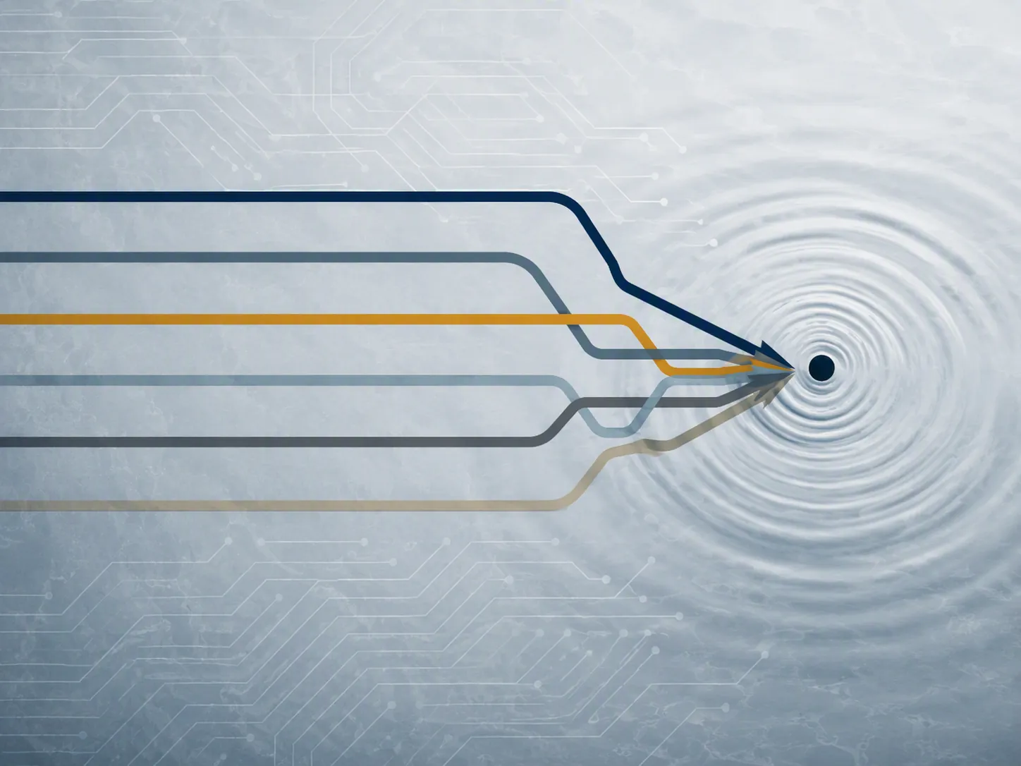 Converging regulatory timeline tracks over water ripple and circuit patterns
