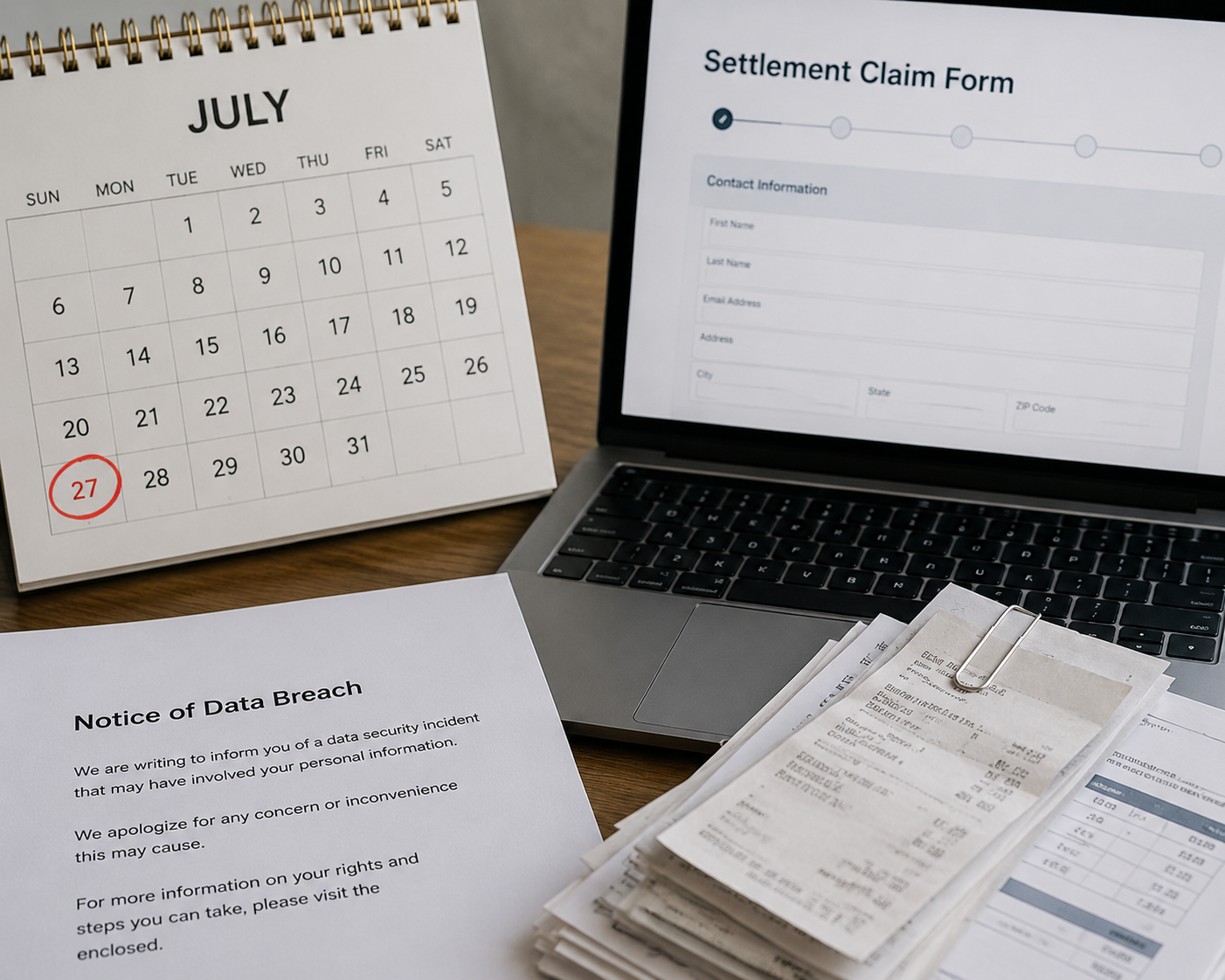 Calendar with July 27 circled beside a laptop claim form, breach notification letter, receipts and documents