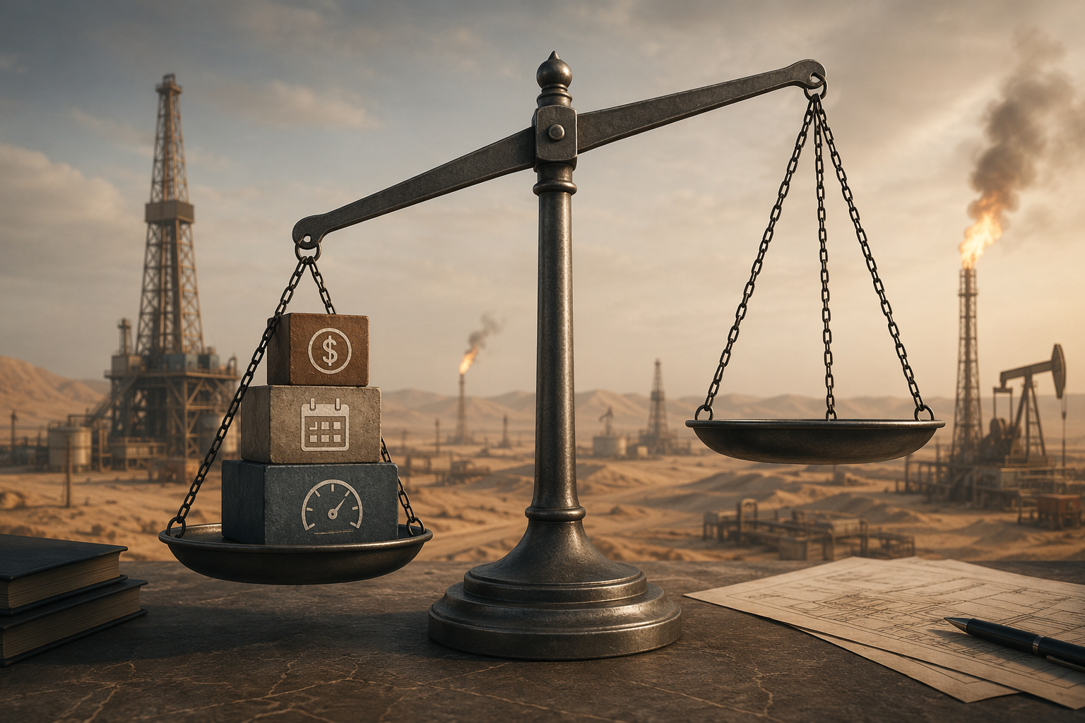 Unbalanced scale weighted by cost risk, schedule risk, and performance risk over a desert oil field