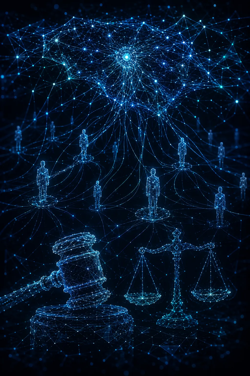 Distributed AI network connected to human silhouettes with a digital gavel and scales of justice