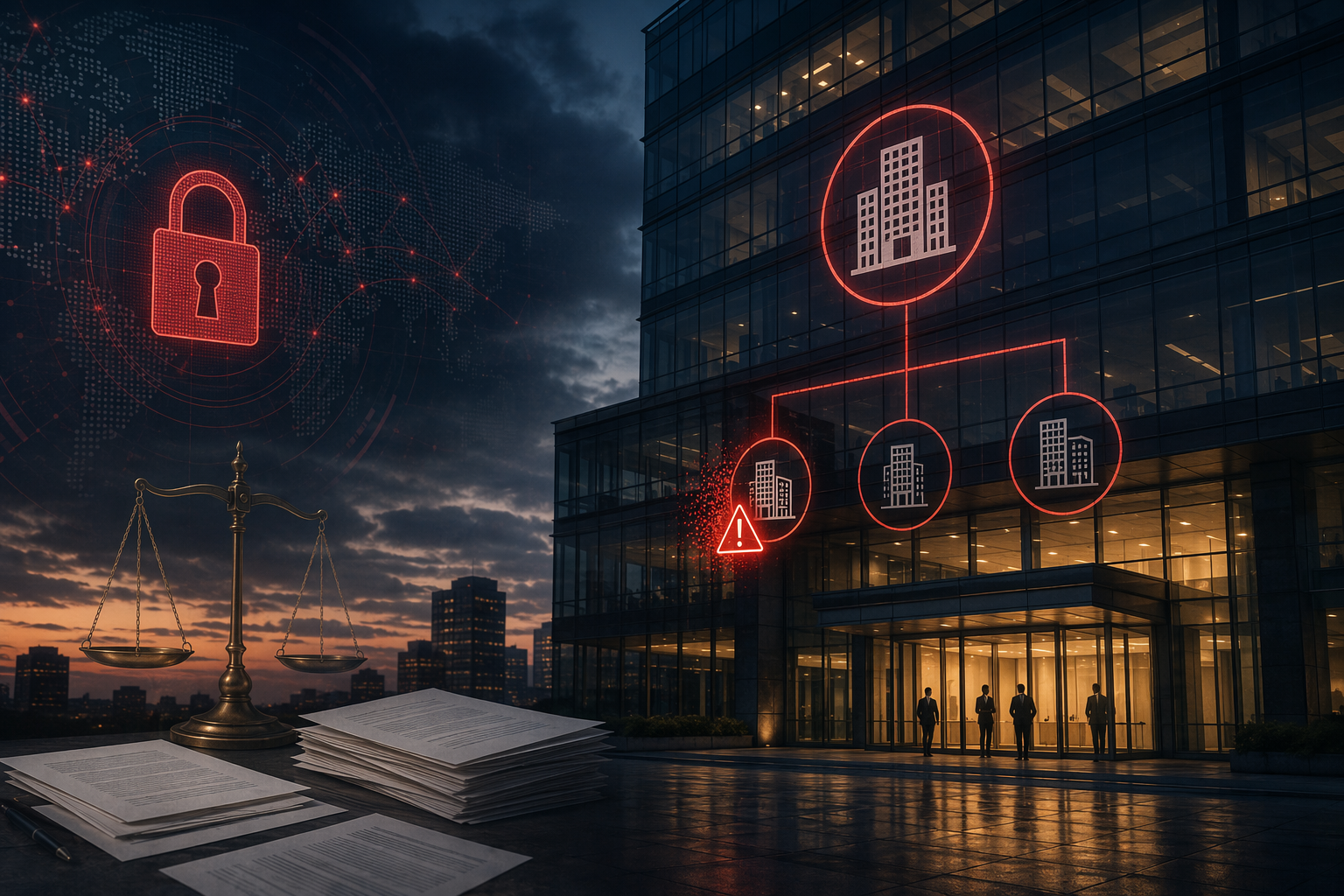 Corporate headquarters with digital breach alerts and legal document motifs