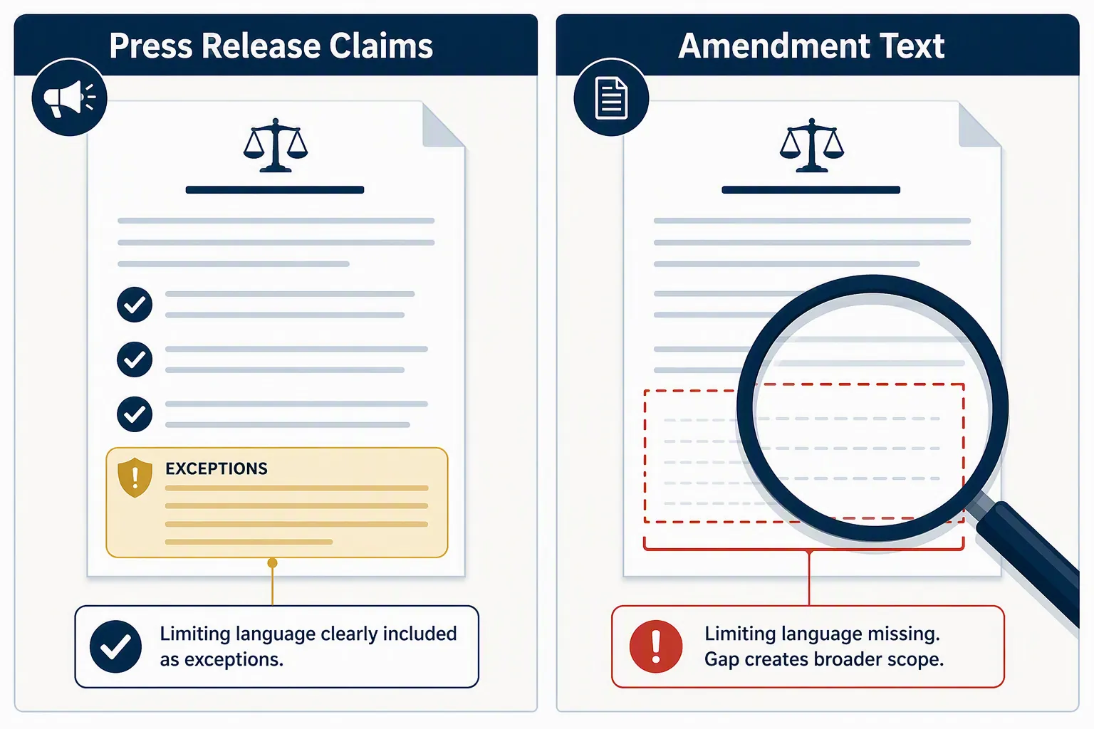 Two-panel document comparison showing announced exceptions on one side and missing limiting language under a magnifying glass on the other