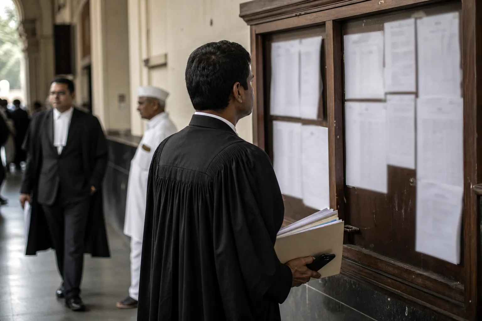 Lawyer checking a courthouse cause-list notice board after a disrupted court day