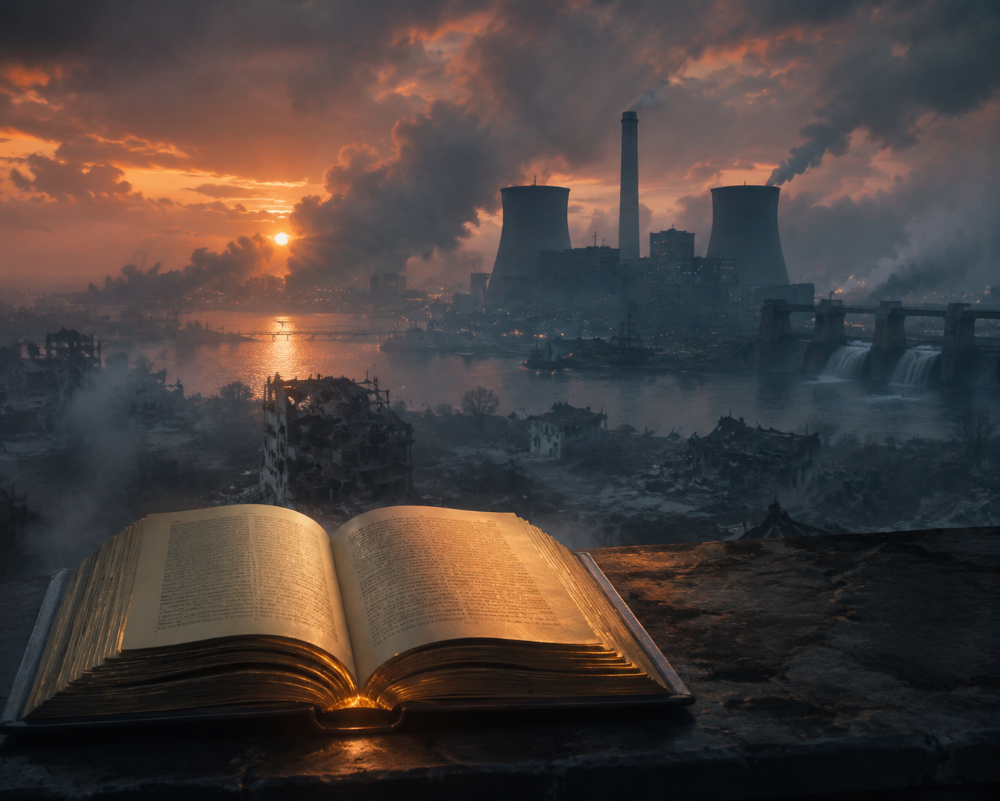 Damaged power and water infrastructure beneath a smoky sky with an open law book in the foreground