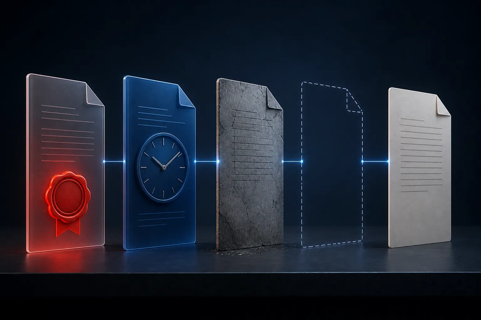 Five translucent document panels representing separate legal instruments in different status states