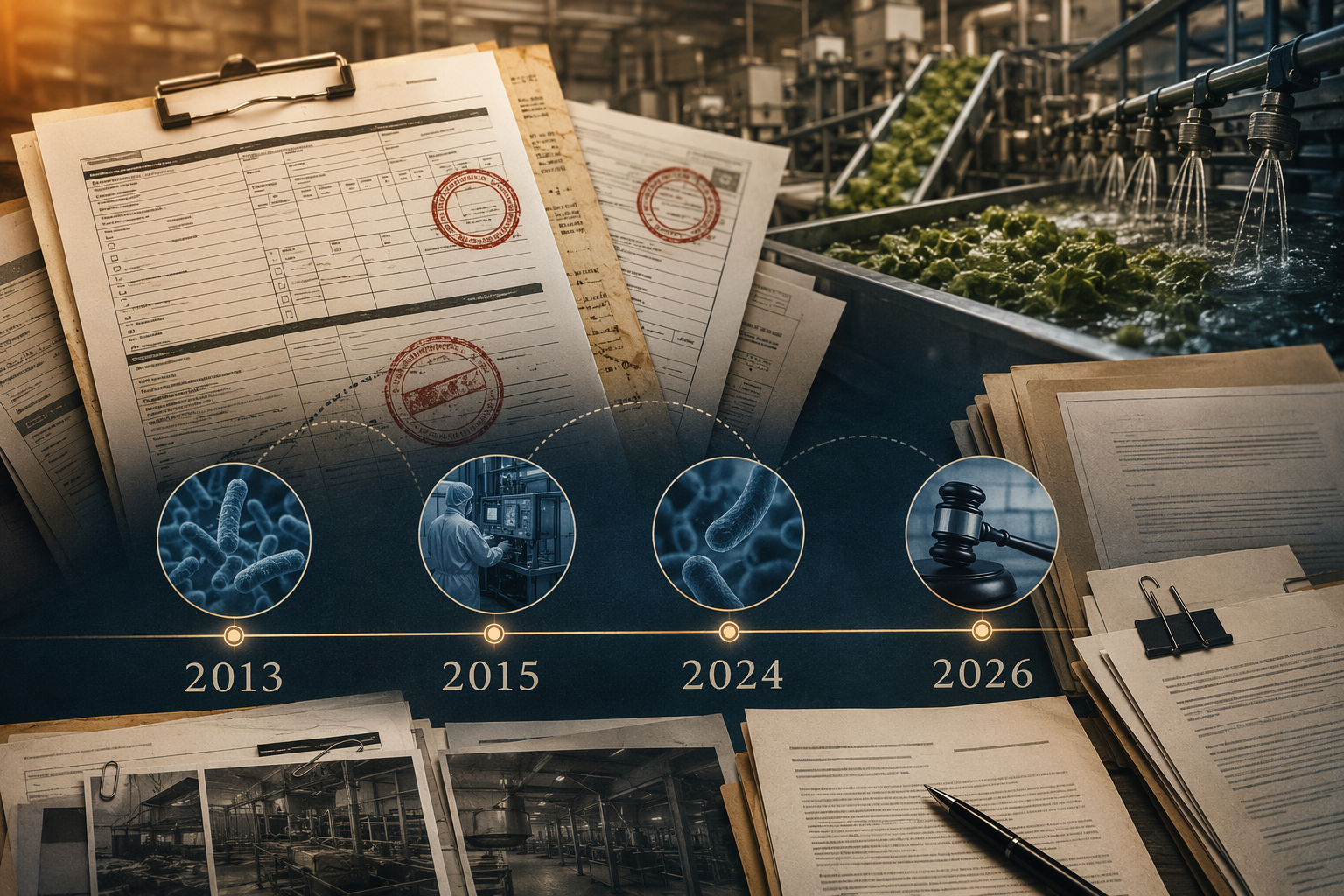Food safety inspection documents and legal case files layered over an industrial food processing facility