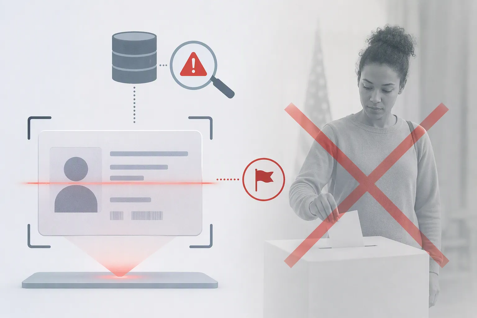 Identity verification scan with a warning indicator beside a voter casting a ballot