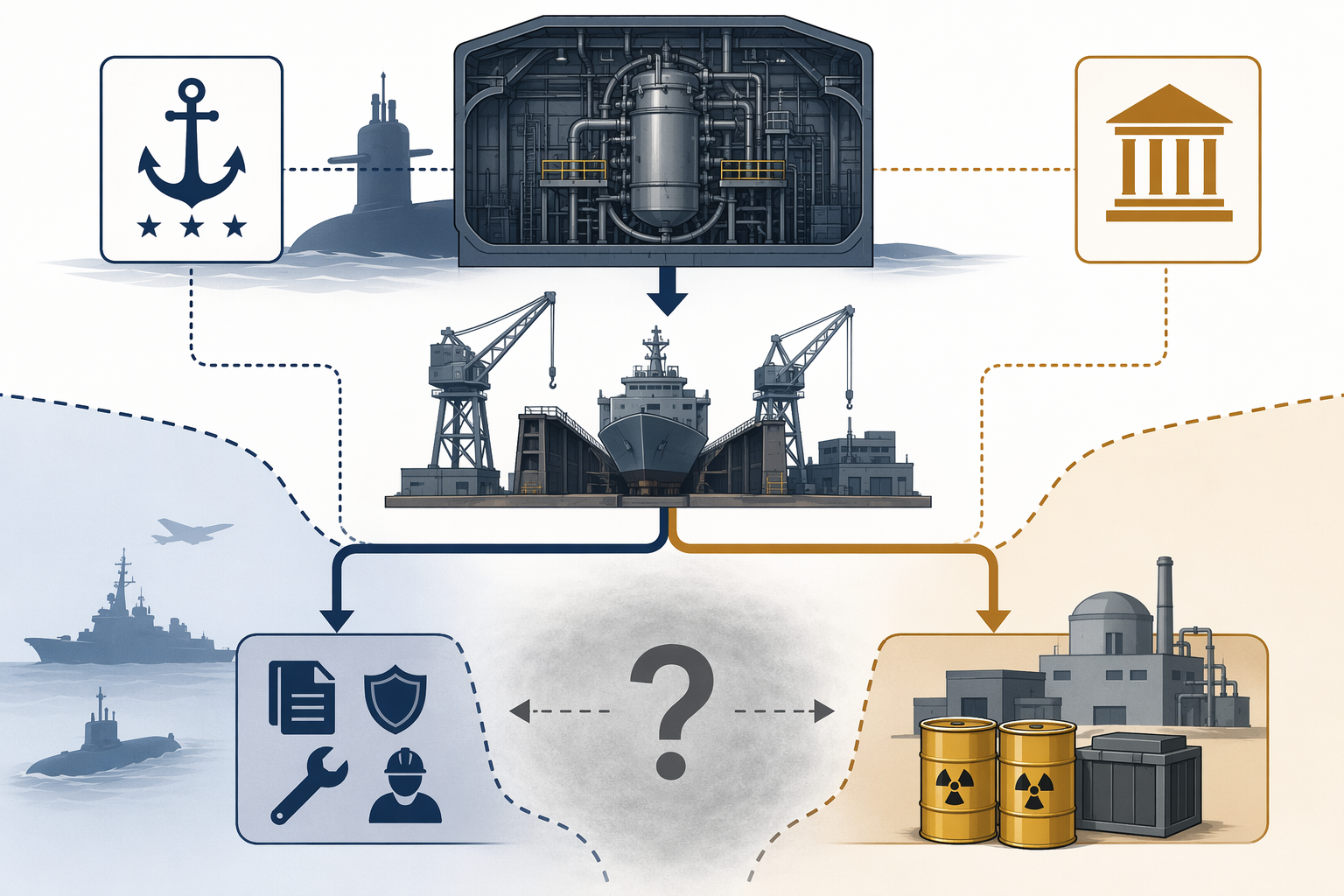 Conceptual diagram of a naval reactor compartment moving through a commercial shipyard into Navy and civilian waste disposal regulatory zones