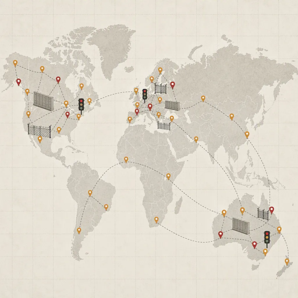 Map with jurisdiction-specific restriction markers across North America, Western Europe, and Australia