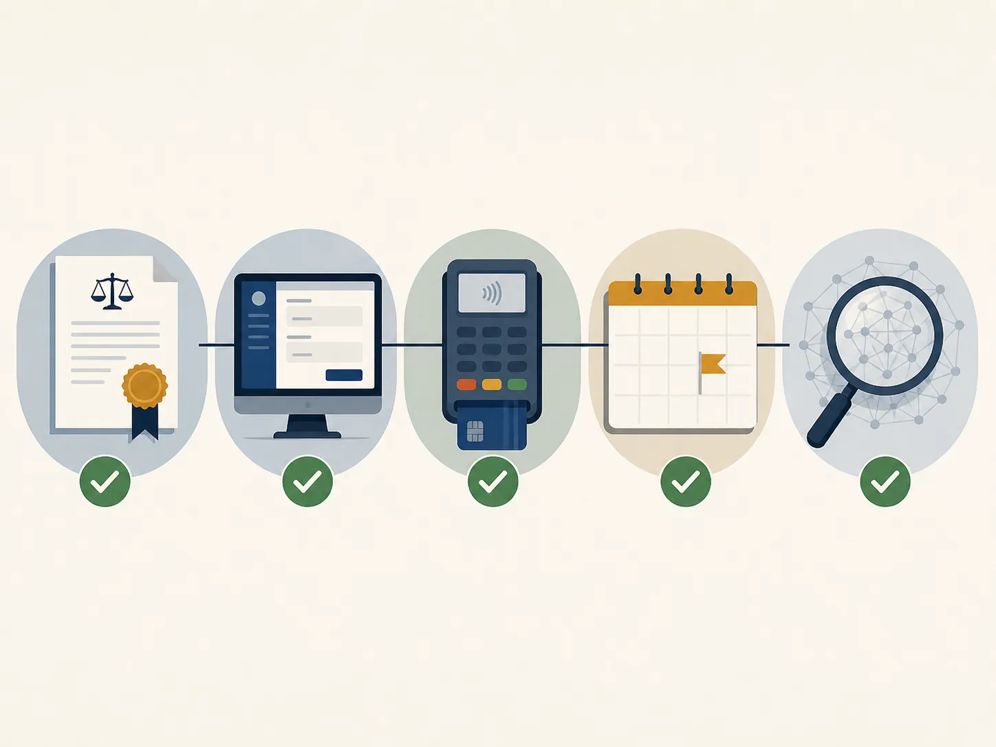 Pre-filing verification workflow with checkpoints for court order, filing screen, payment terminal, calendar deadline, and AI evaluation capacity