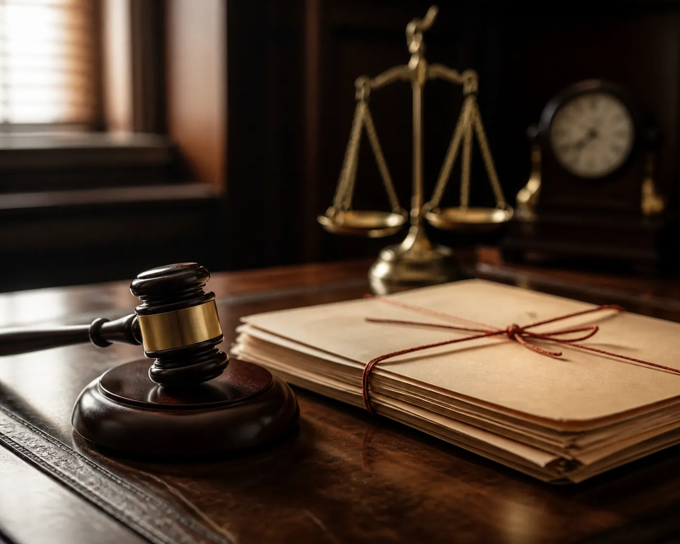 A dark courtroom desk with a gavel, sealed case file, scale of justice, and clock, suggesting a case still pending decision
