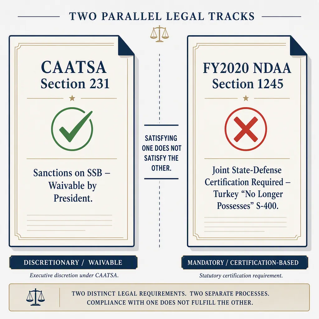 Two separate legal tracks showing CAATSA Section 231 and FY2020 NDAA Section 1245 as independent barriers