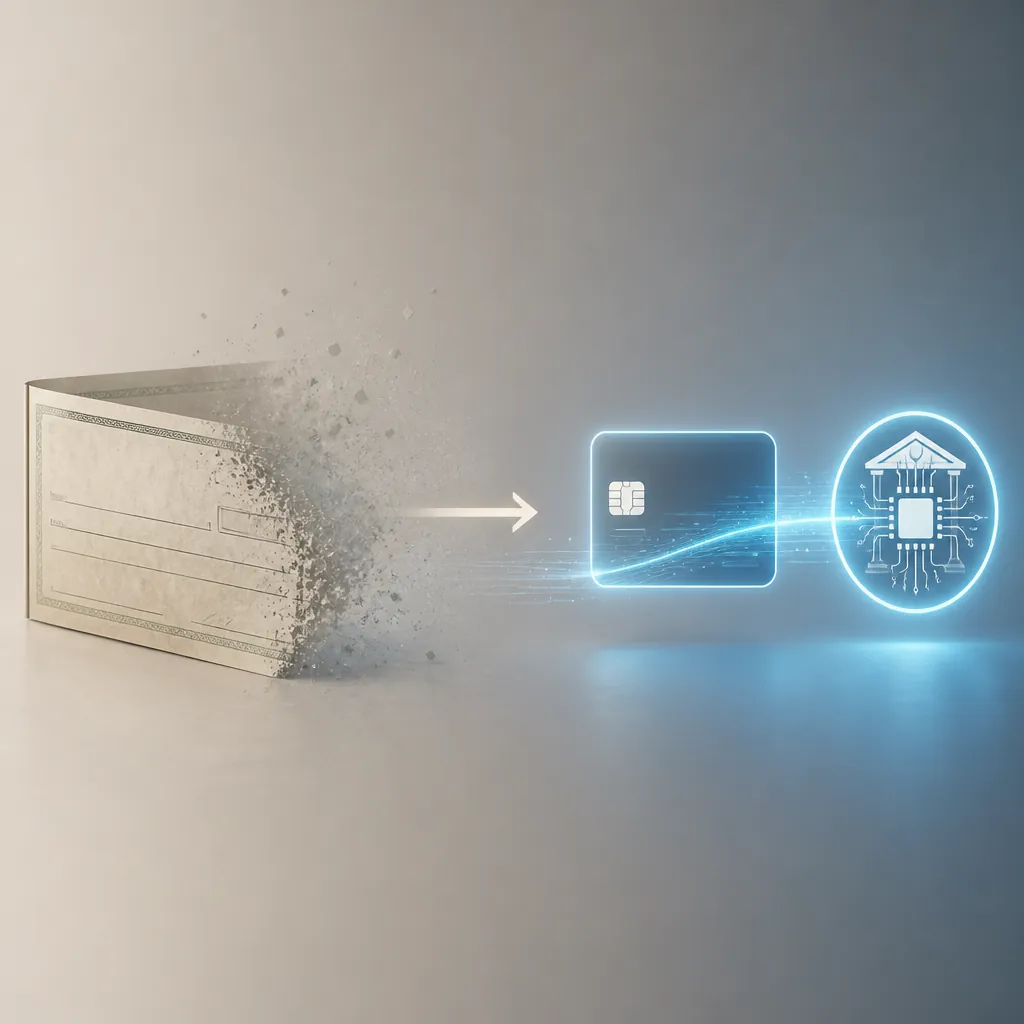 Illustration of a paper check fading while a digital payment line connects a card and bank chip