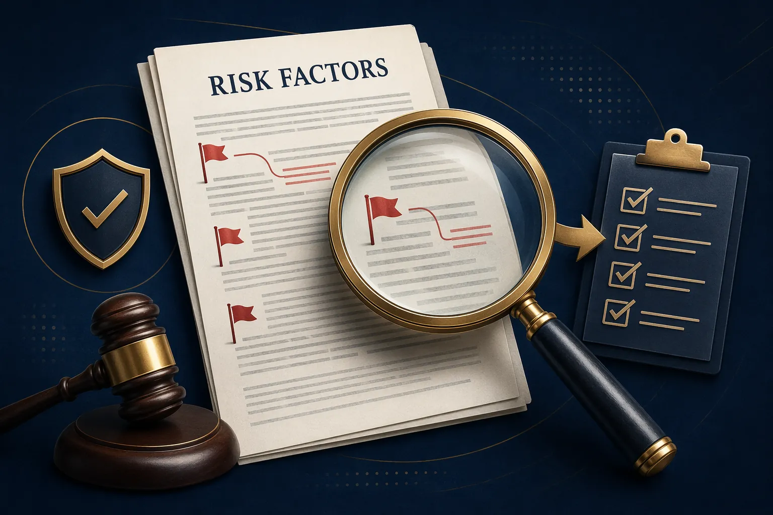 Risk factors legal document with red flags, annotations, magnifying glass, shield, gavel, and checklist icons