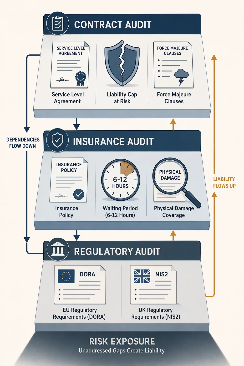 Audit map showing contract, insurance, and regulatory layers for cloud outage risk