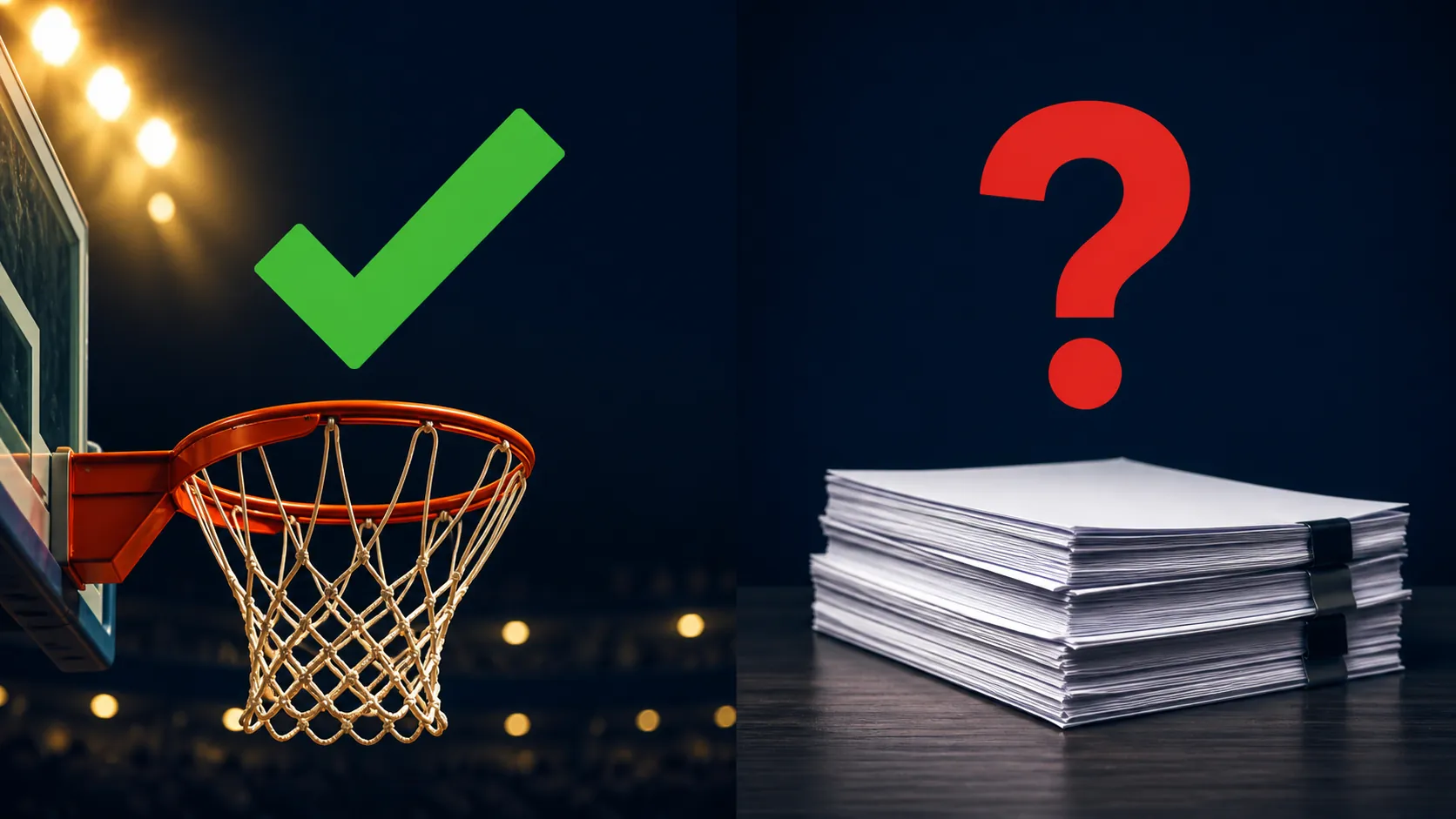 Split illustration contrasting a confirmed basketball event with an unsupported legal-document explanation