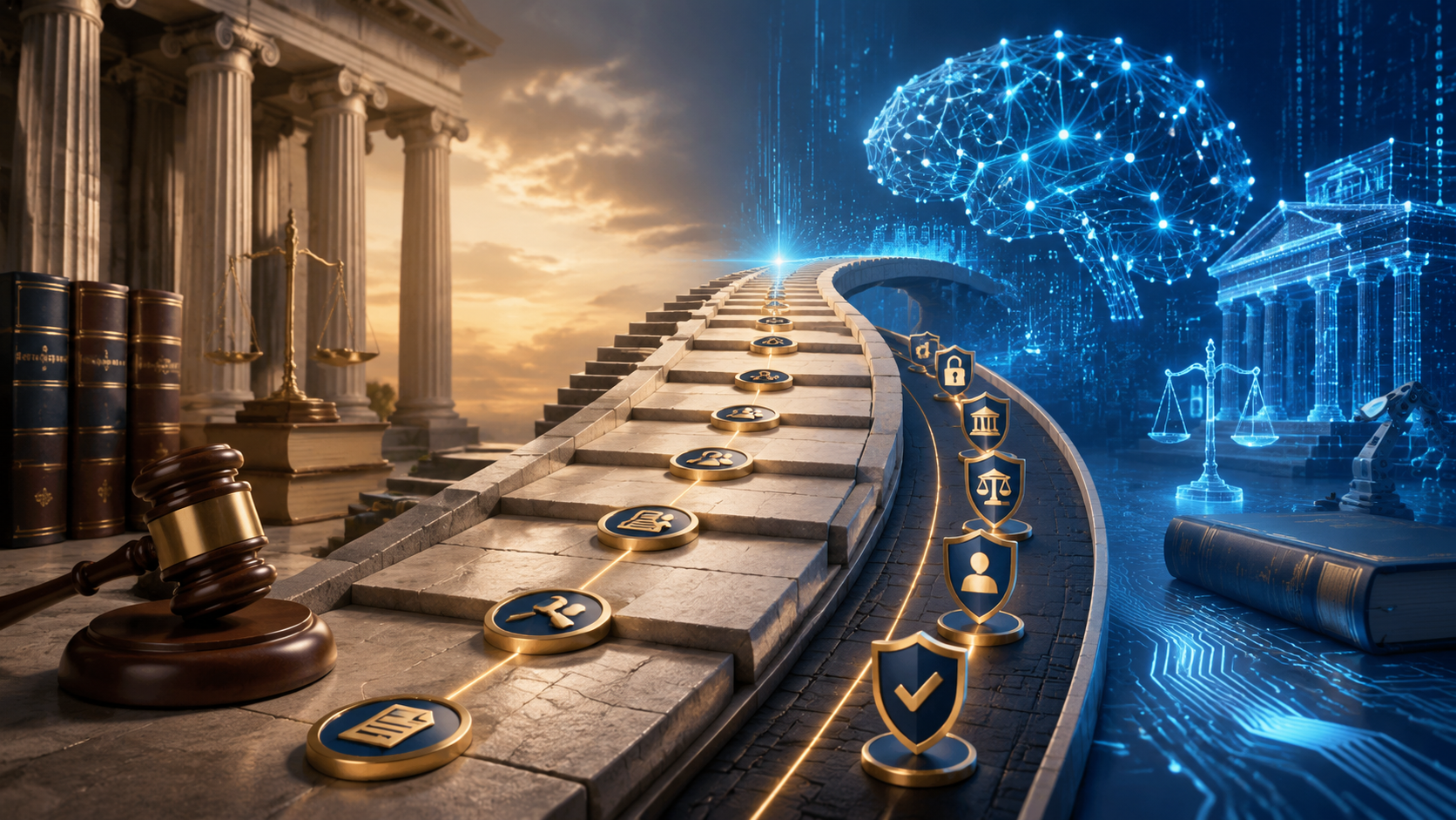 A stepped path from a traditional law office environment to a structured digital AI workflow, with governance running alongside the path