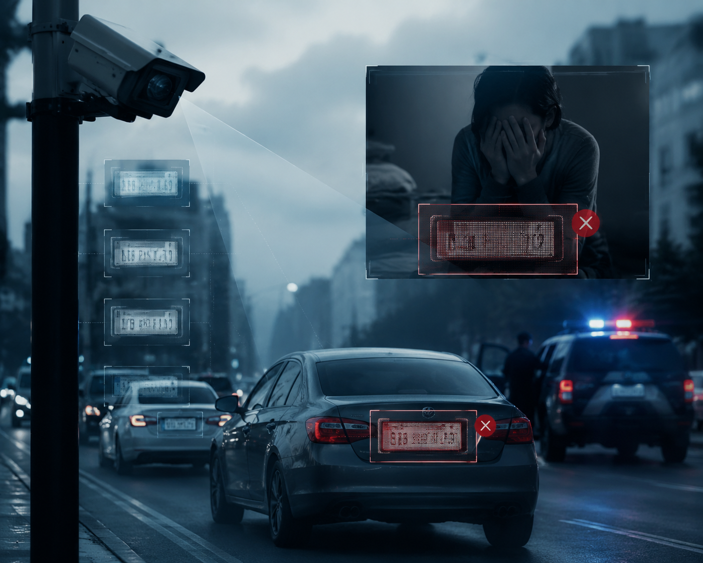Street surveillance camera scanning vehicles with a highlighted license plate and police vehicle in the background