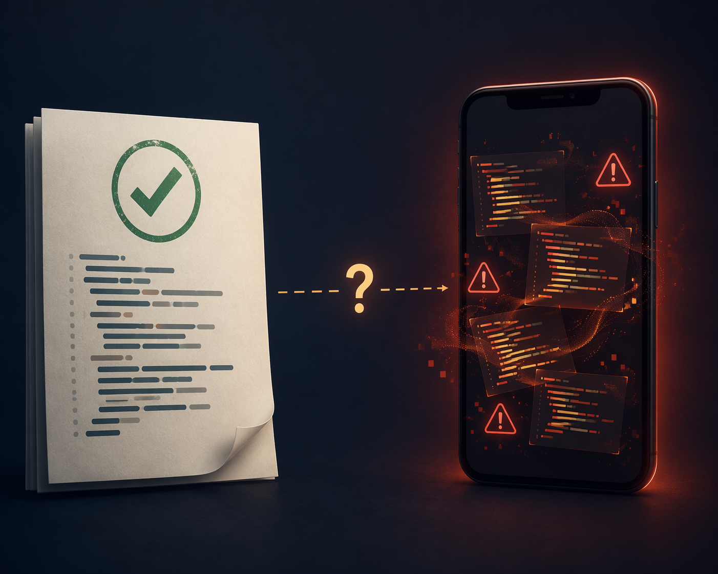 An approved code document contrasted with a phone showing shifting runtime code and warning symbols