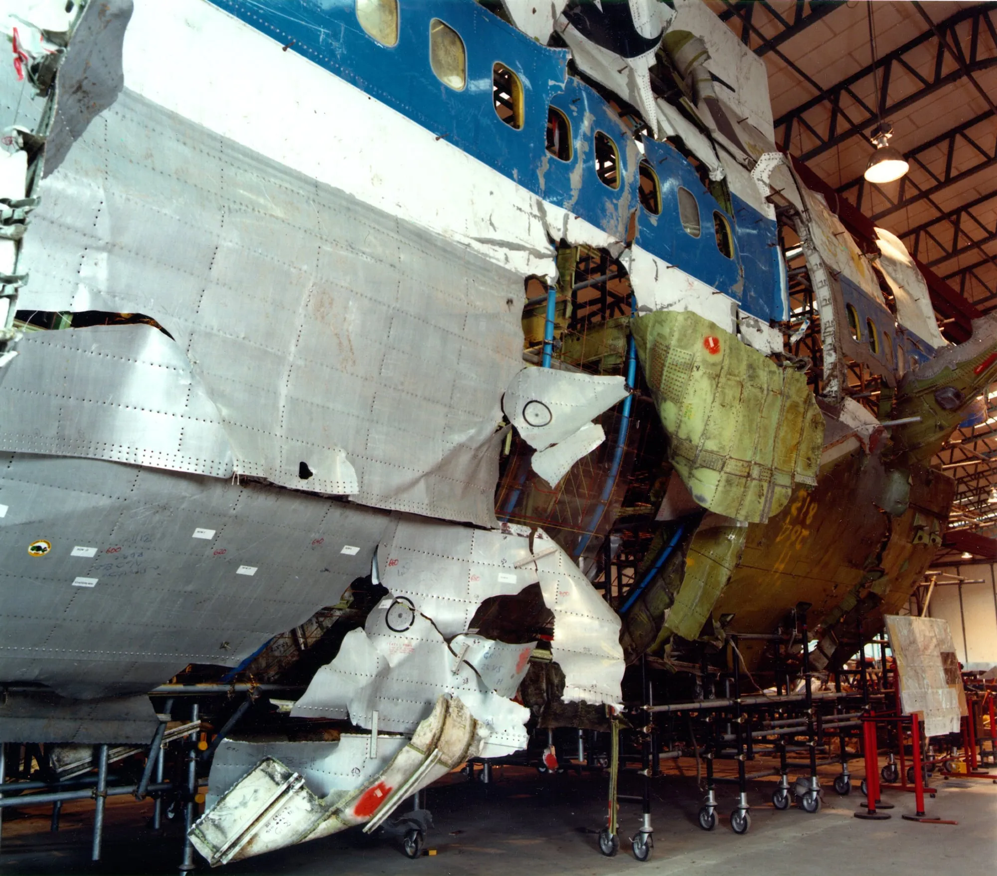 The reconstructed forward fuselage section of Pan Am Flight 103 preserved as evidence