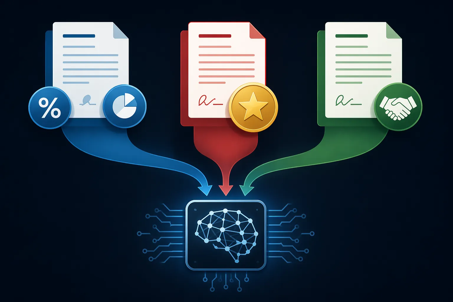 Three legal pathways converging toward a central AI neural-network icon