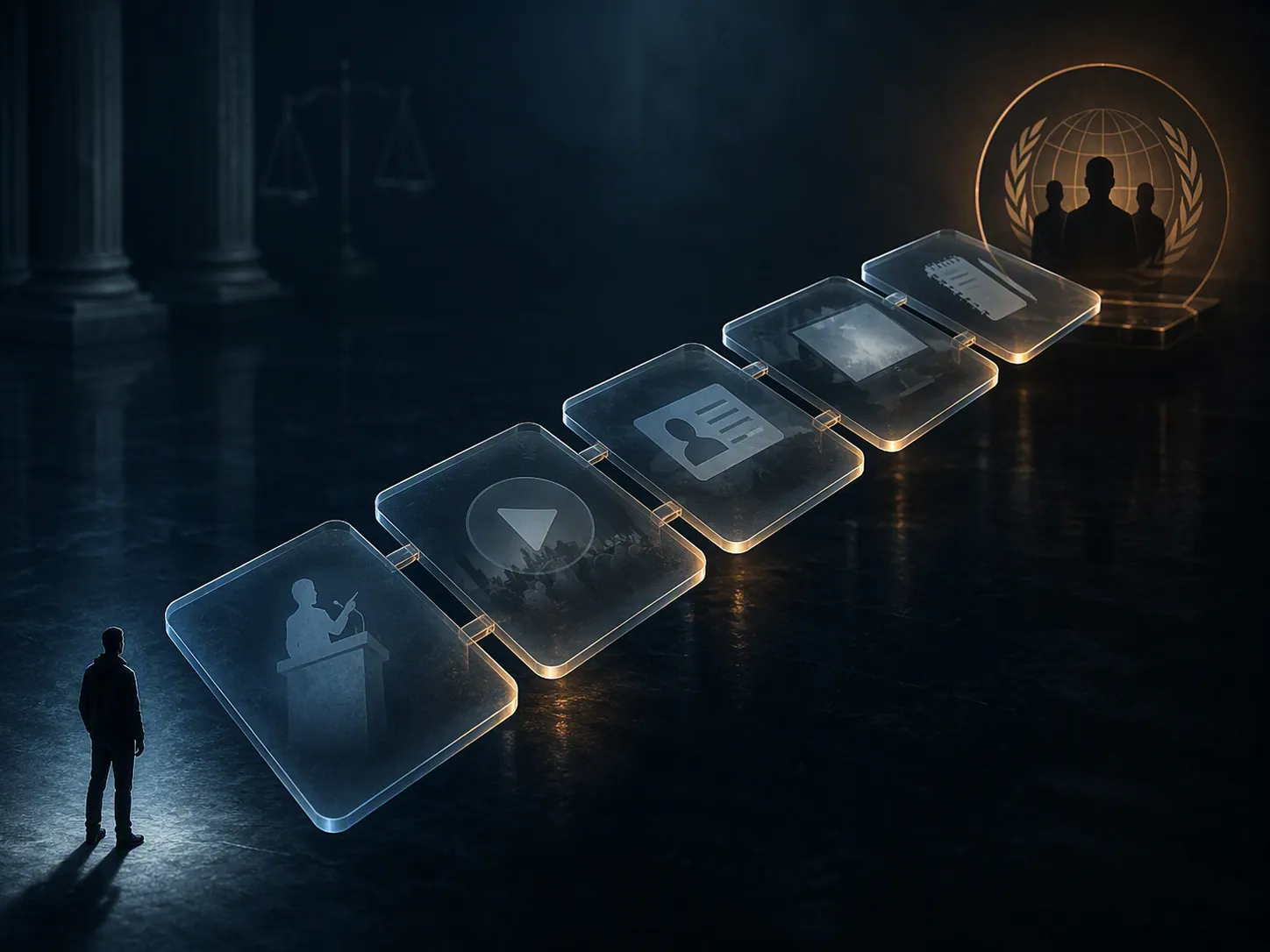 Connected evidence panels linking an isolated figure to an organizational emblem through a podium, video, ID card, screen, and notebook