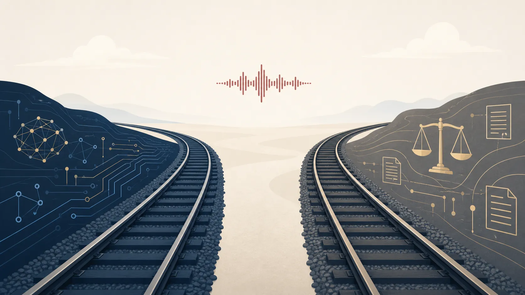 Two parallel legal tracks with AI motifs on one side, legal document motifs on the other, and a separate audio waveform above them
