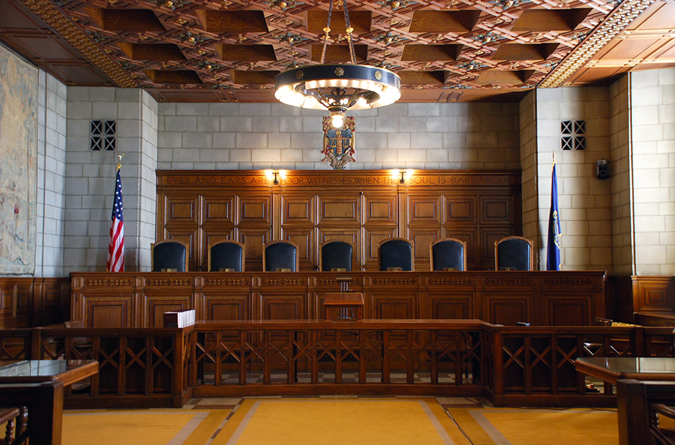 Nebraska Supreme Court courtroom bench inside the State Capitol in Lincoln