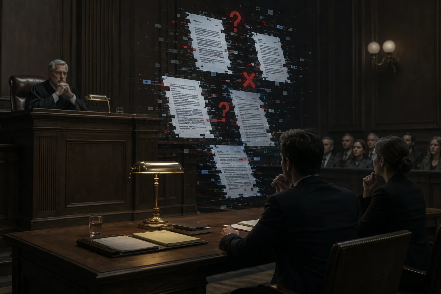 Dimly lit courtroom with glitching digital document fragments above the bar table