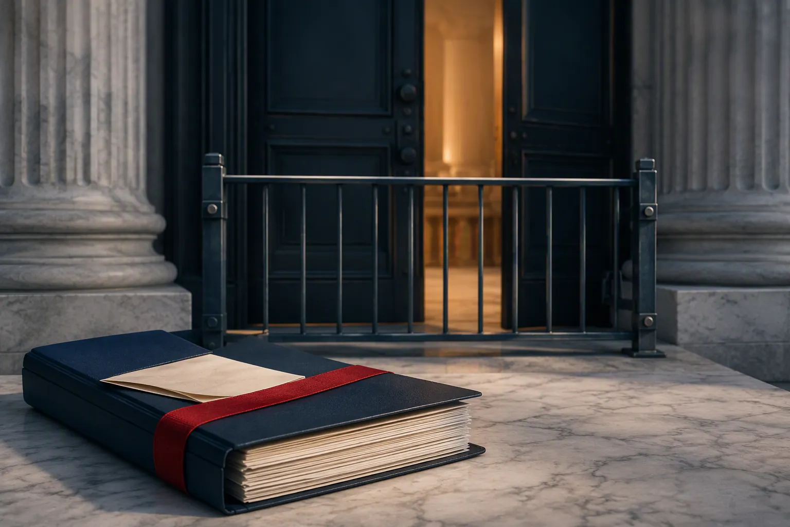 A thick legal case file before a courthouse door blocked by a slim gate, symbolizing a claim stopped at a procedural threshold