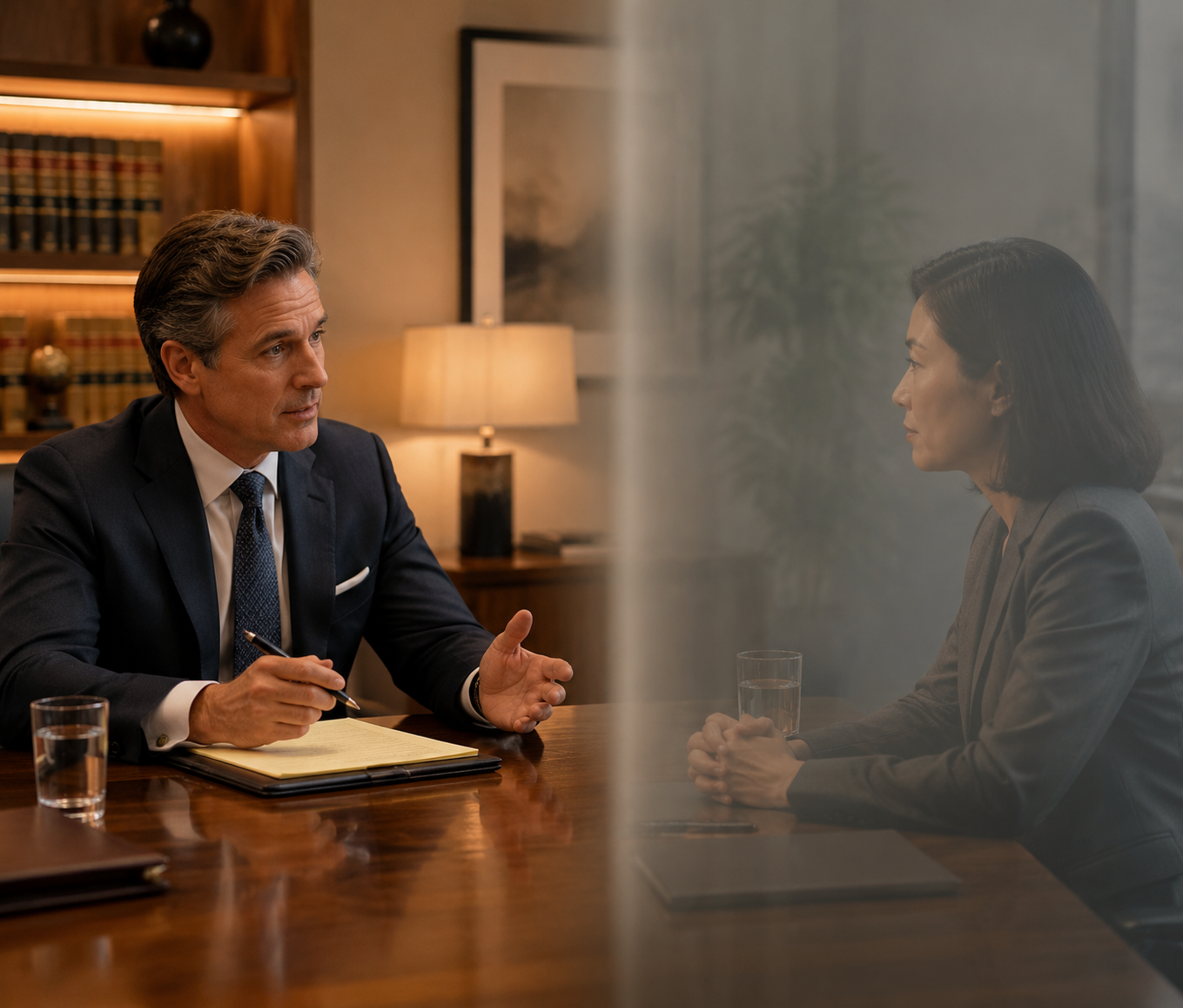 Law firm partner and corporate client separated by a subtle haze in a conference room