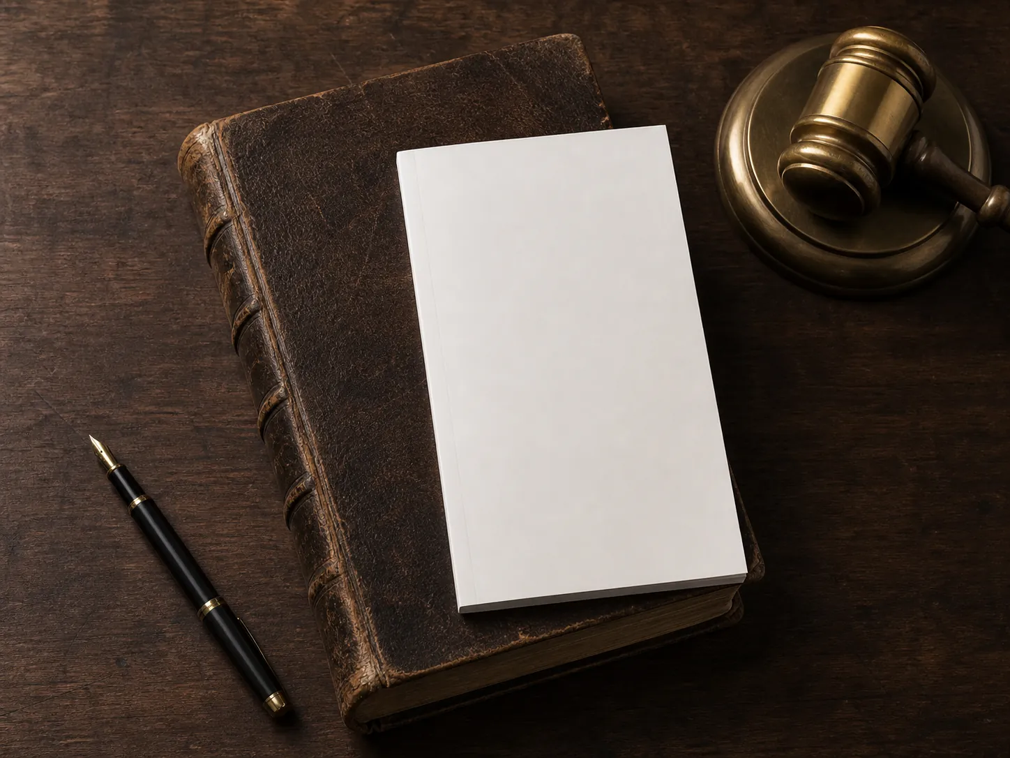 A modern statute document placed over an older legal rulebook with a gavel and pen nearby