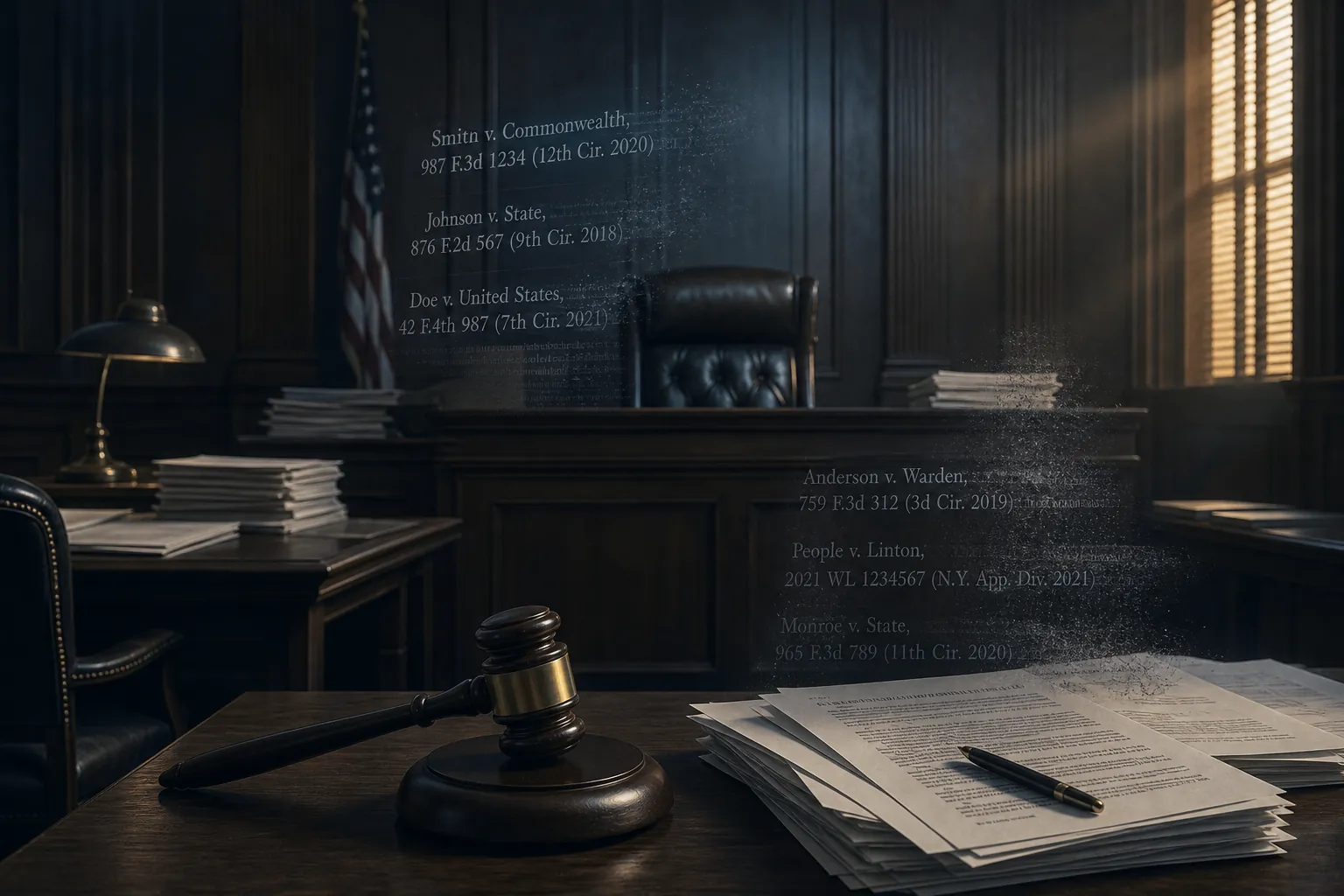 Dimly lit courtroom with stacked legal documents and ghostly fabricated case citations fading over the pages
