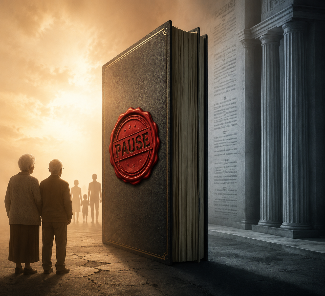A large legal document with a red PAUSE stamp separating waiting family members from statutory legal pillars