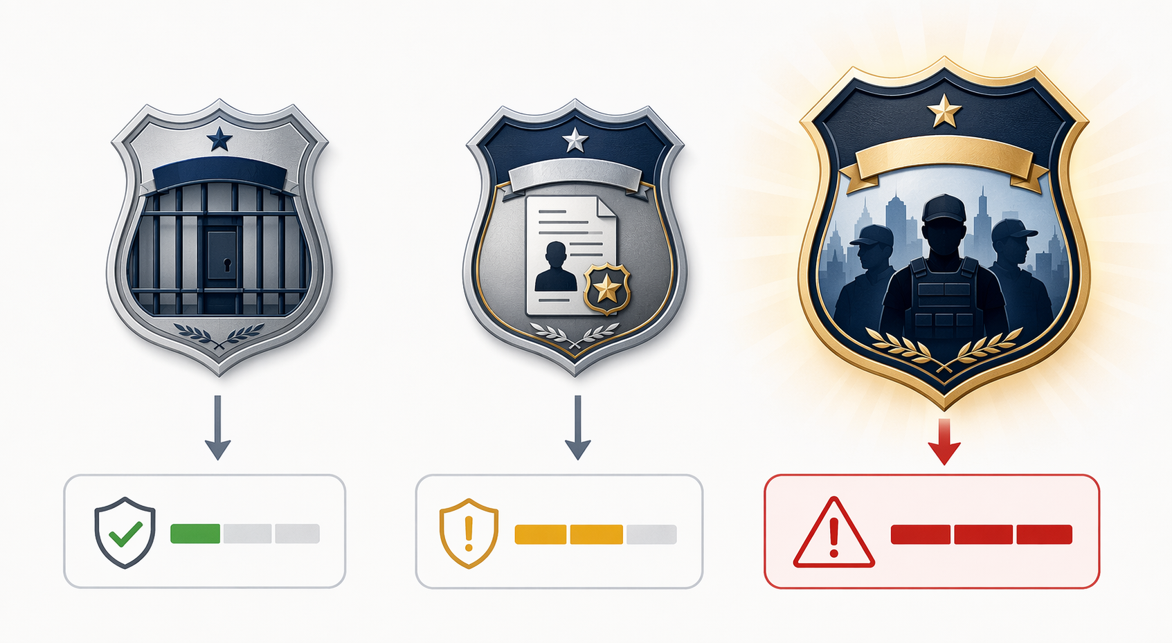 Three badge icons showing escalating risk across three 287(g) operational models