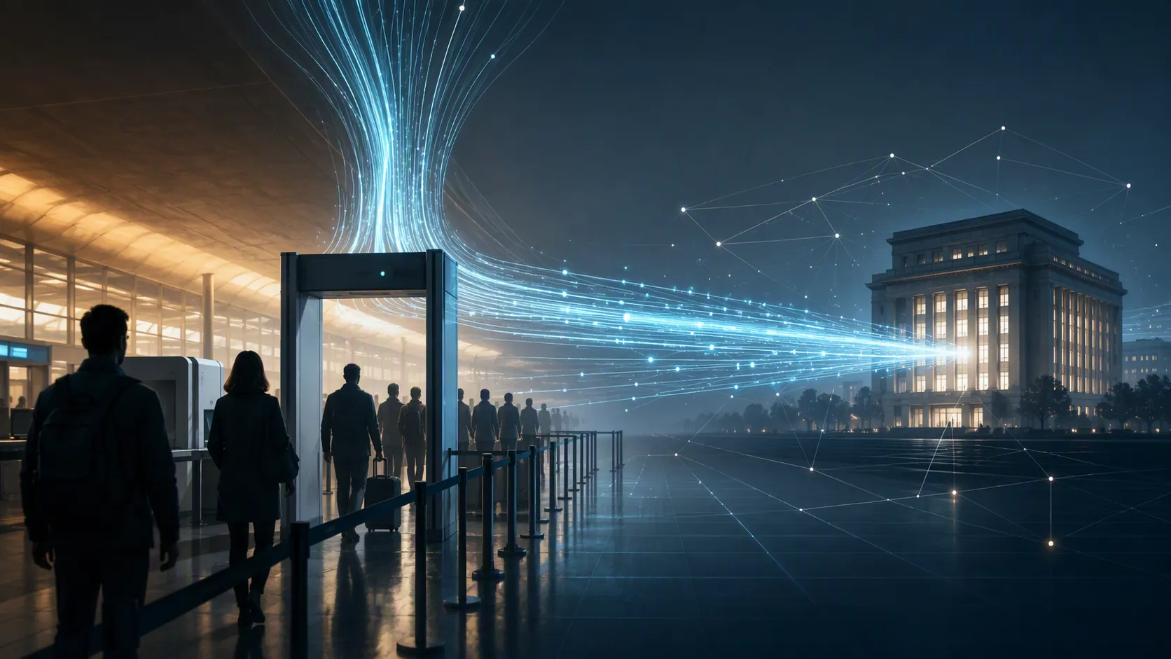Abstract airport security checkpoint with passenger data streams flowing toward a government office building