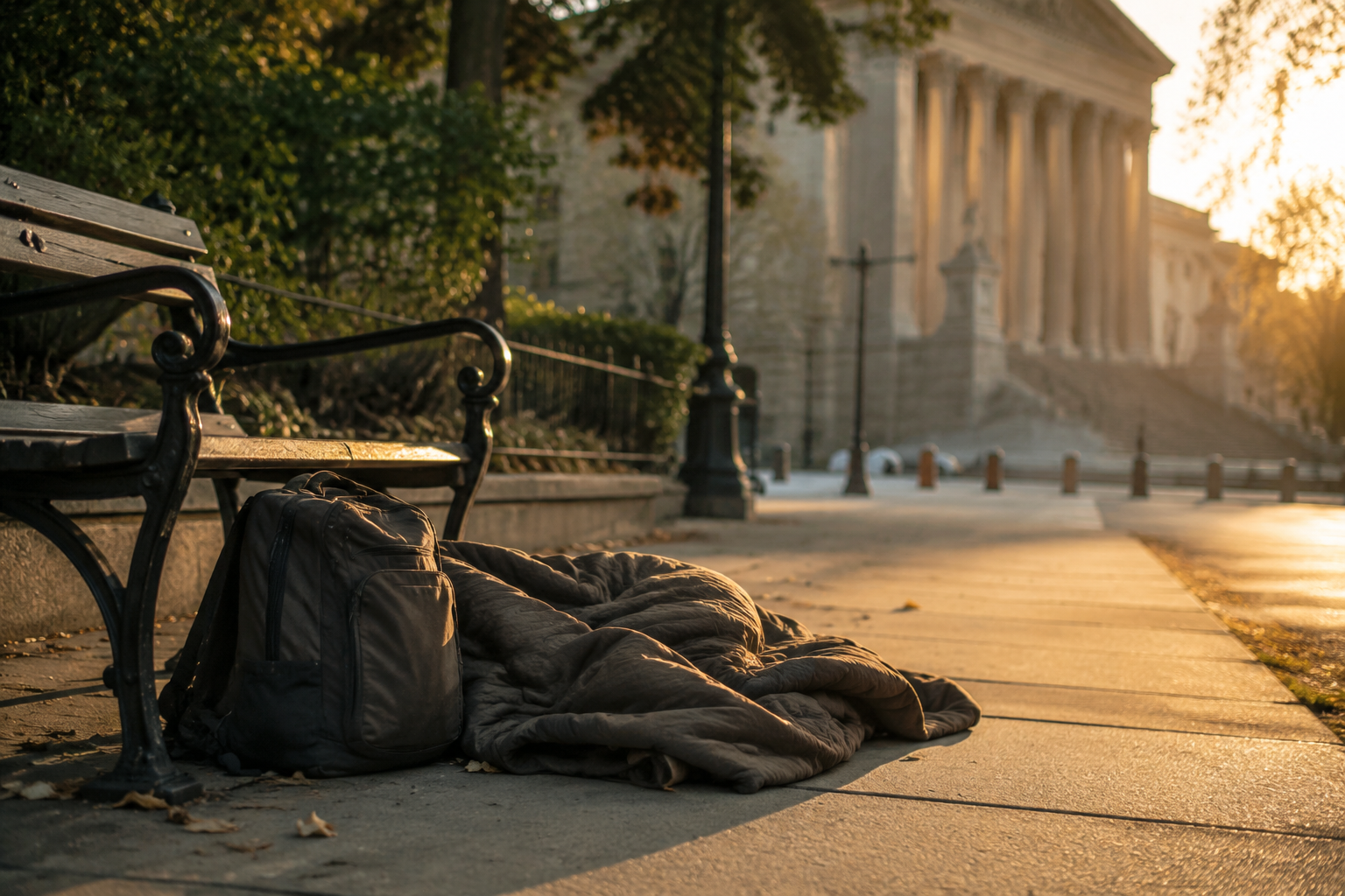 Blanket and backpack resting on a public sidewalk near a courthouse