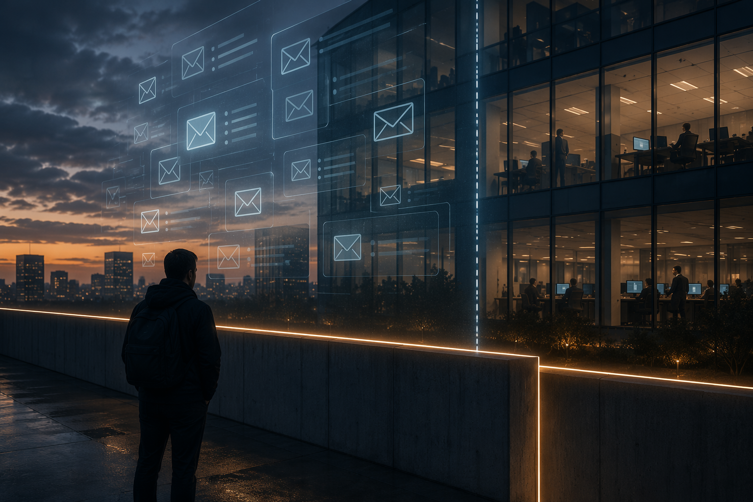 Corporate building with email inbox icons and a silhouetted figure separated from the systems by a subtle barrier