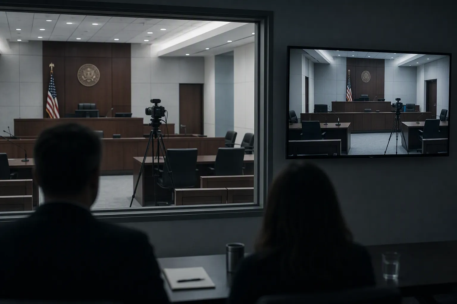 An empty federal courtroom with a camera and wall monitor suggesting remote court access