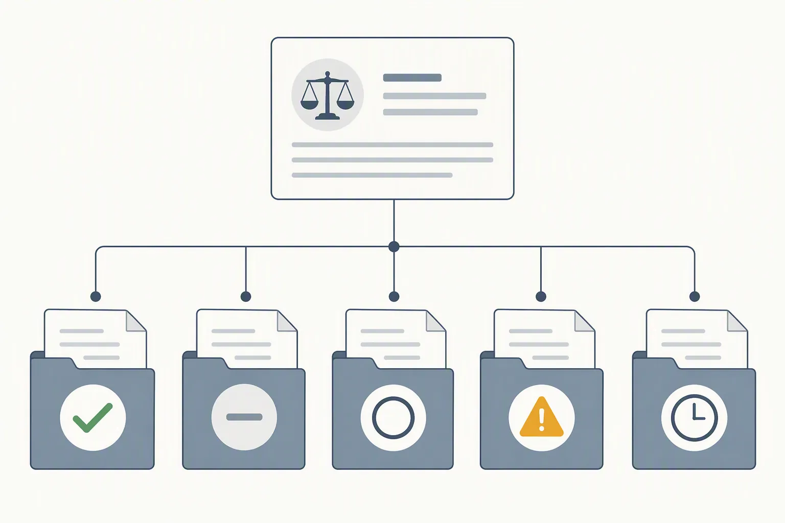Diagram of one claim card branching to five document folders with different abstract status symbols