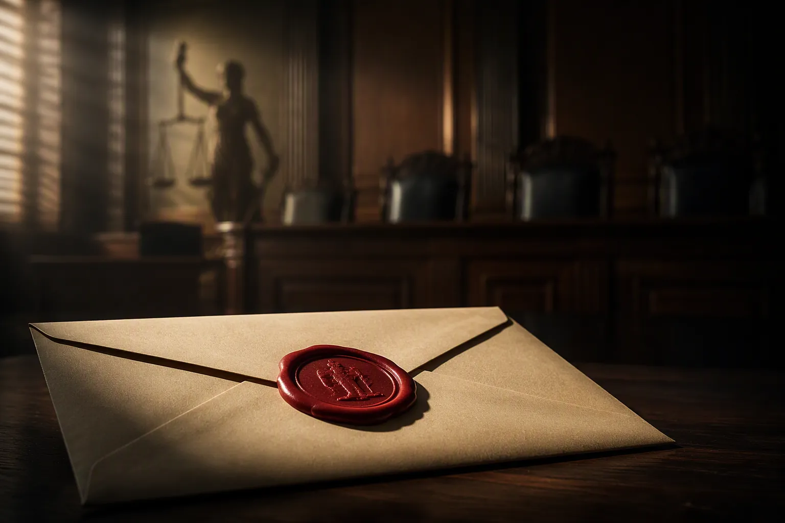 Sealed legal document envelope in a dim courtroom setting