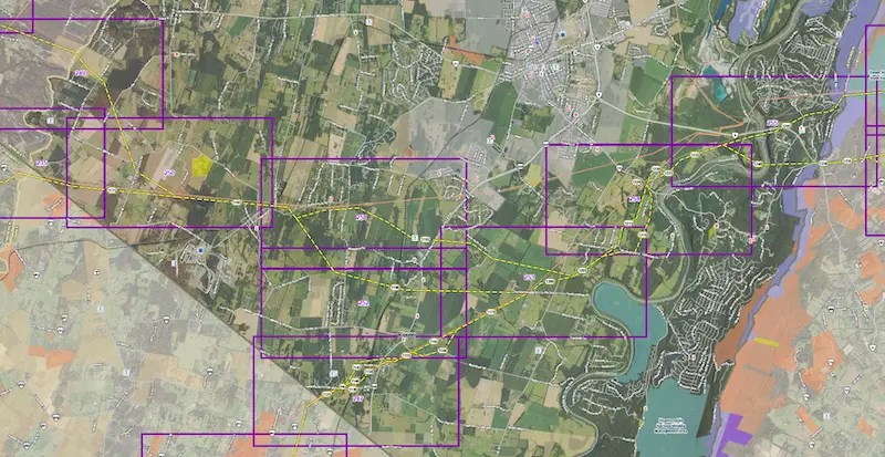 Color-coded Valley North transmission route planning map across Jefferson County, West Virginia