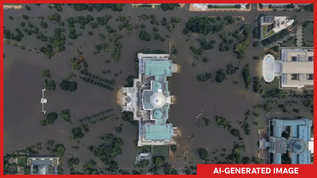 AI-generated satellite-style image of a flooded U.S. Capitol produced during the Google Earth feature launch