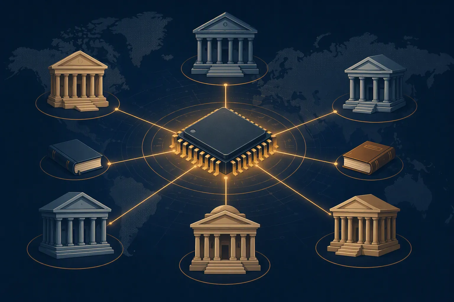 Memory chip connected to stylized courthouses and law books