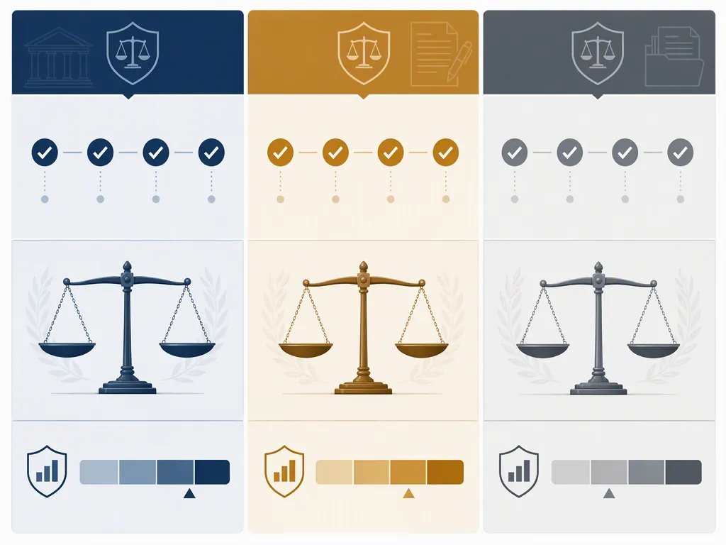 Three-column comparison framework for legal elements, damages, and risk levels