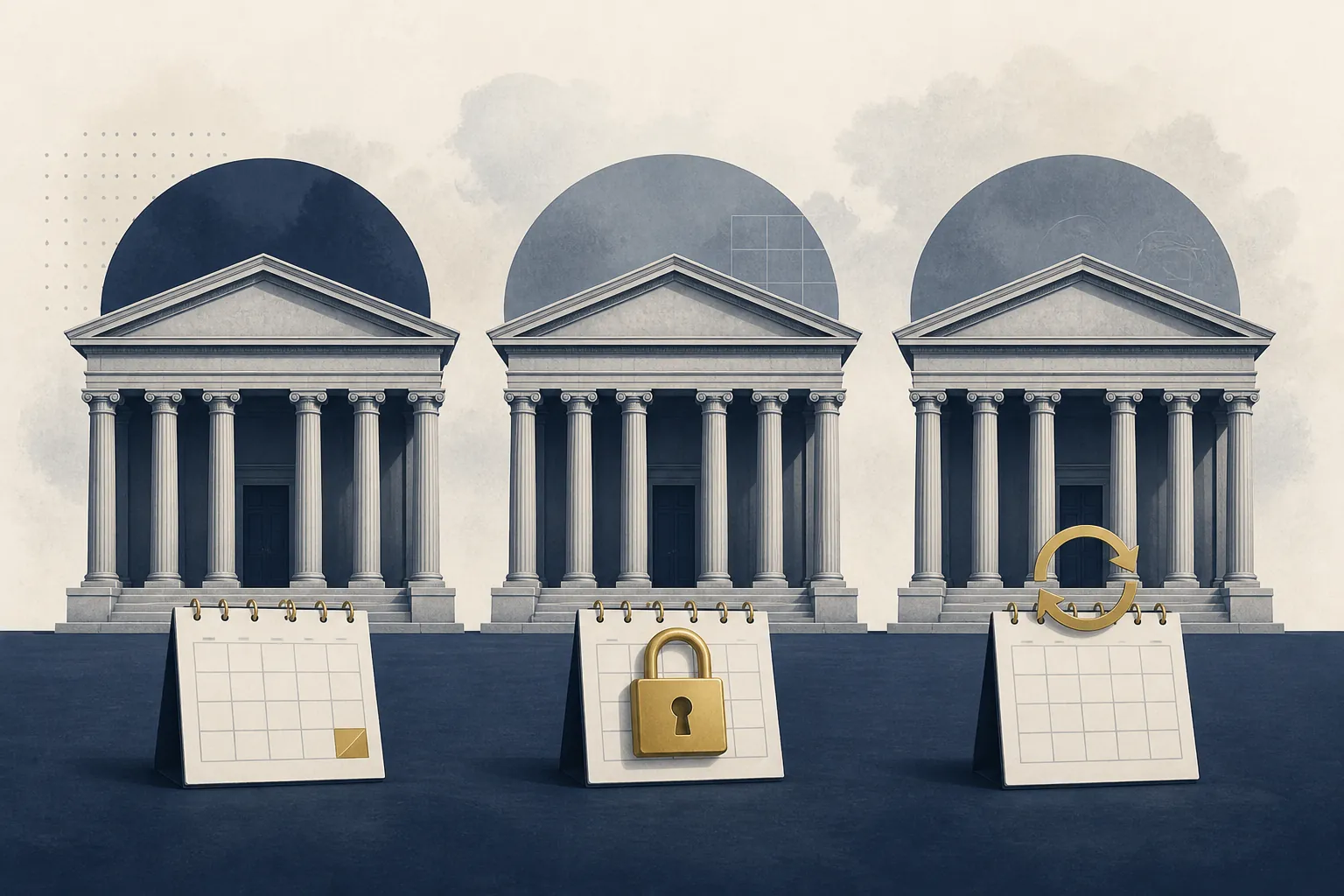 Three courthouse facades showing different calendar treatments: extension, stay, and reset