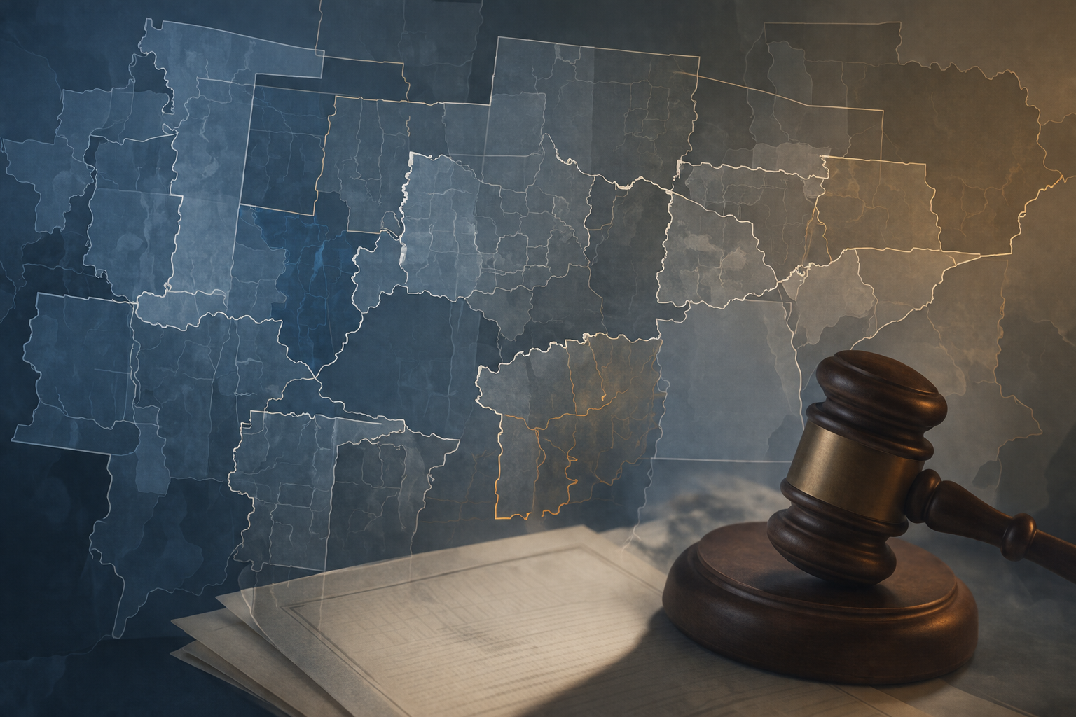 Overlapping state borders with a gavel and search warrant document suggesting fractured jurisdiction