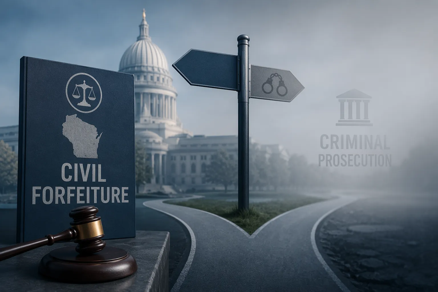 Civil forfeiture and criminal prosecution signposts with a Wisconsin legal backdrop