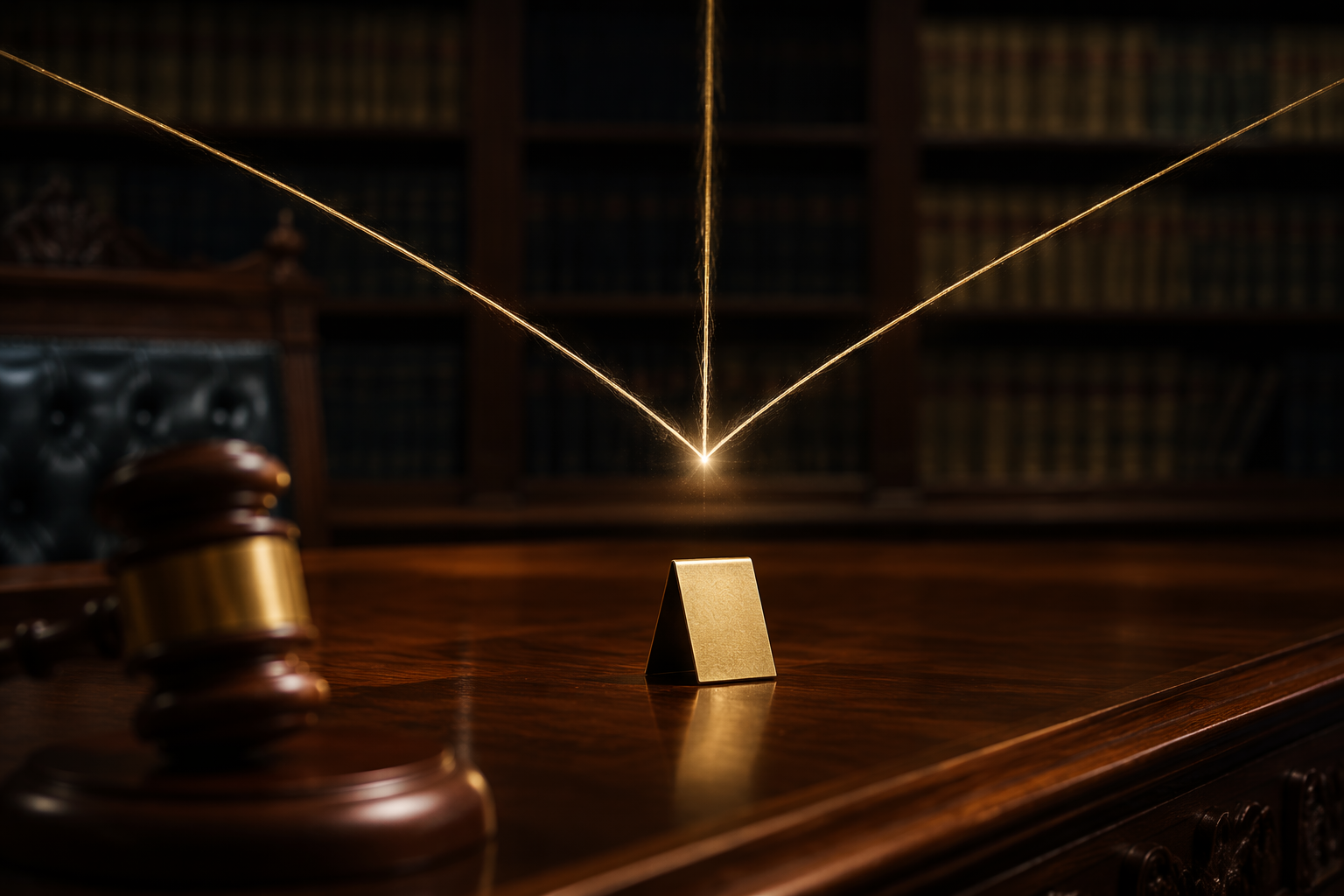 Dark courtroom with converging strands of evidence above an empty evidence placard