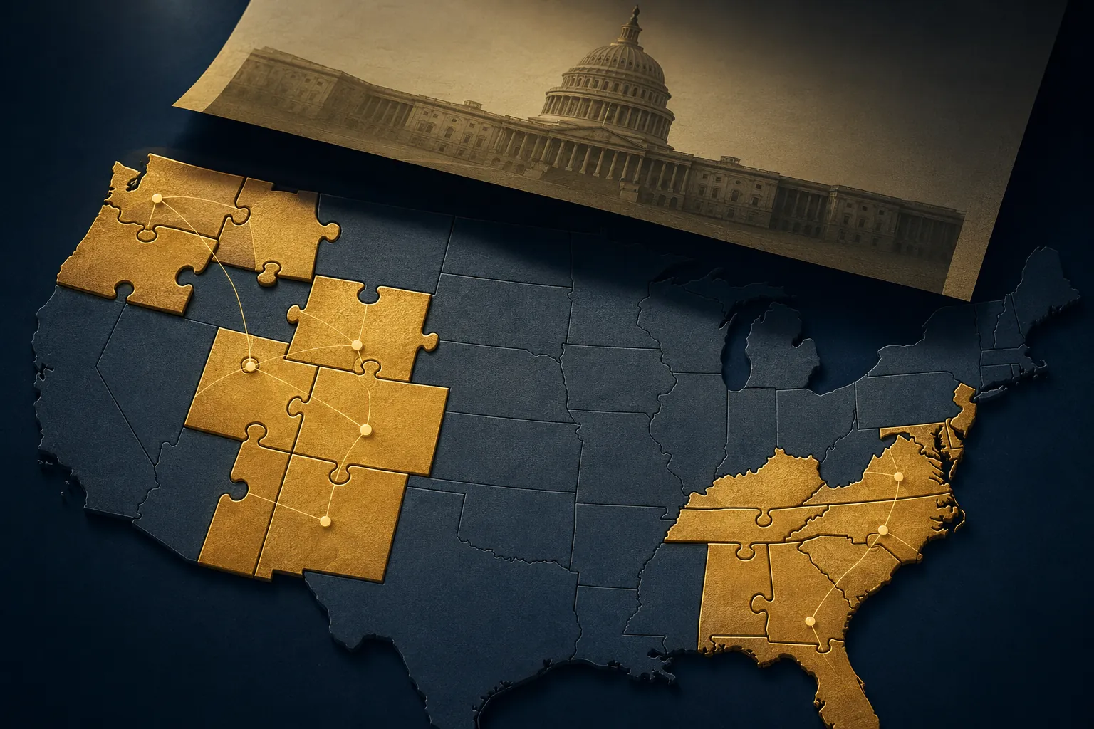 Illustration of a U.S. map with 19 highlighted states connected like puzzle pieces under a federal document shadow